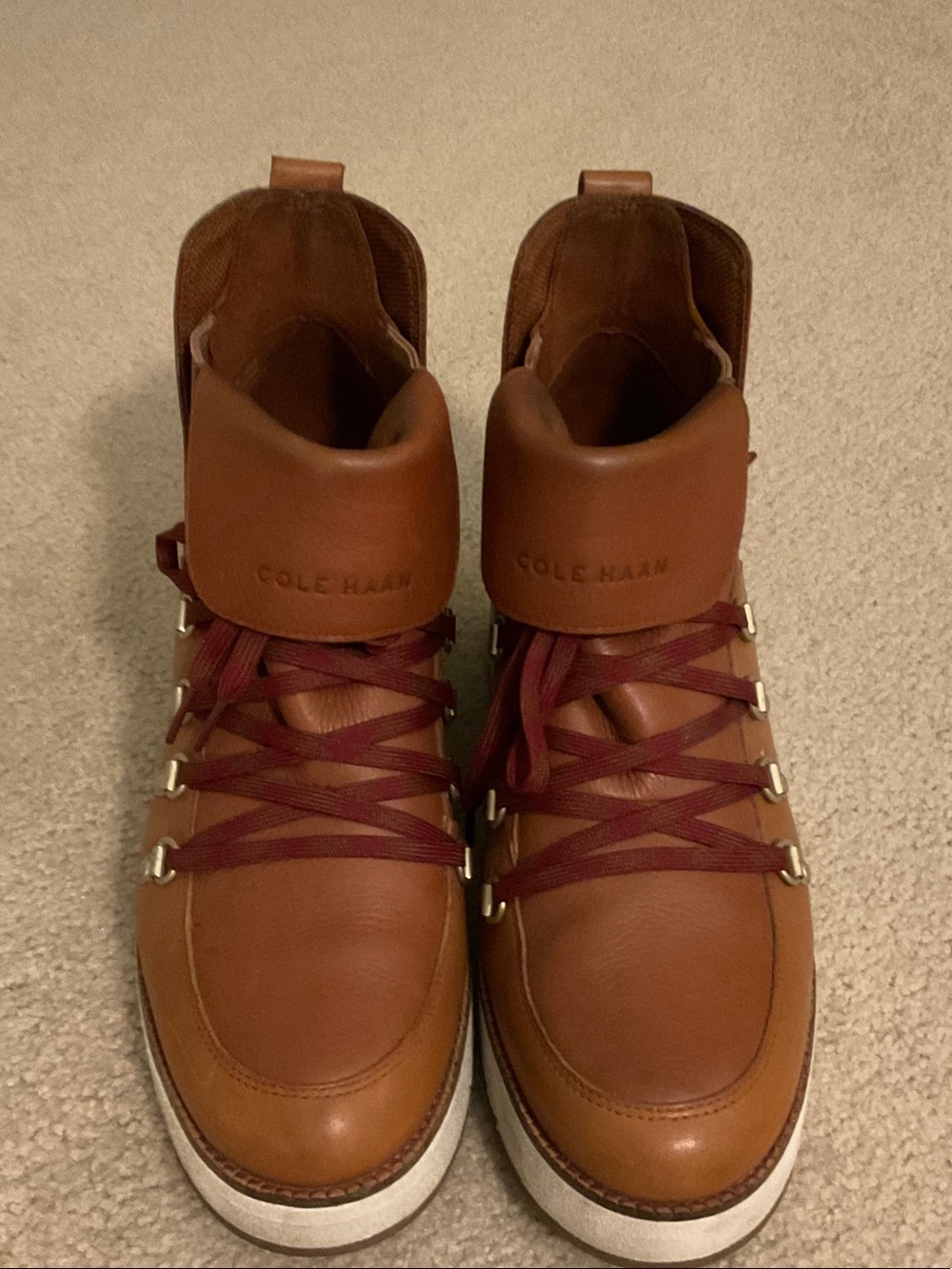 Cole Haan Tan Leather Women Hiking-Style Boots with Burgundy Laces (Women’s 11)
